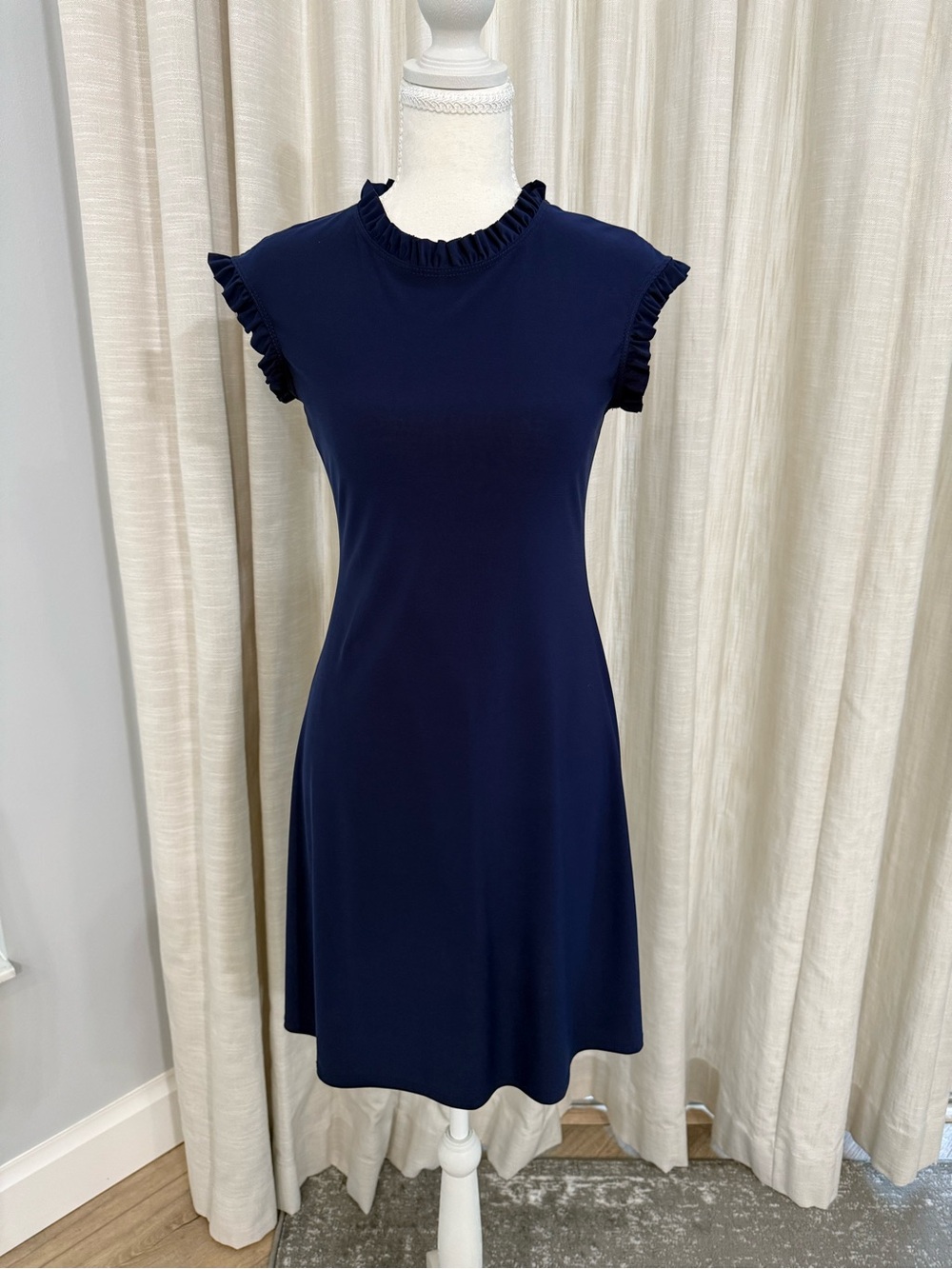 Ruffled Cap-Sleeve Navy Dress